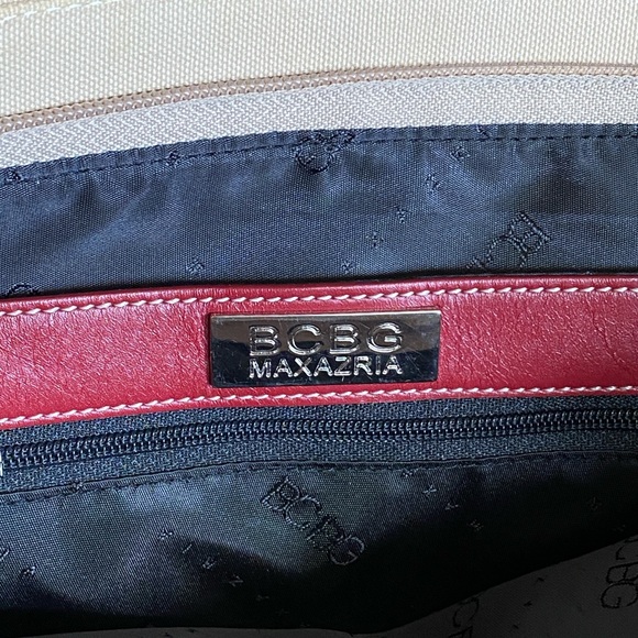 BCBG Max Azria Tan Canvas Red Leather Vintage Shoulder Bag - Picture 6 of 13